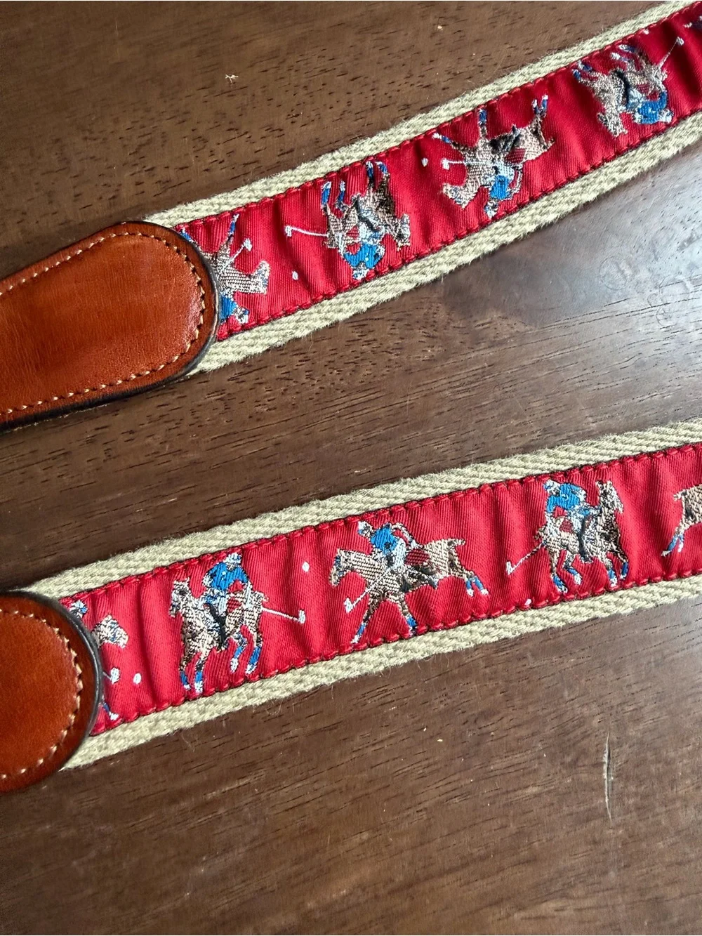 Jos. A. Bank Red Equestrian Ribbon Belt with Brown Leather and Gold Buckle